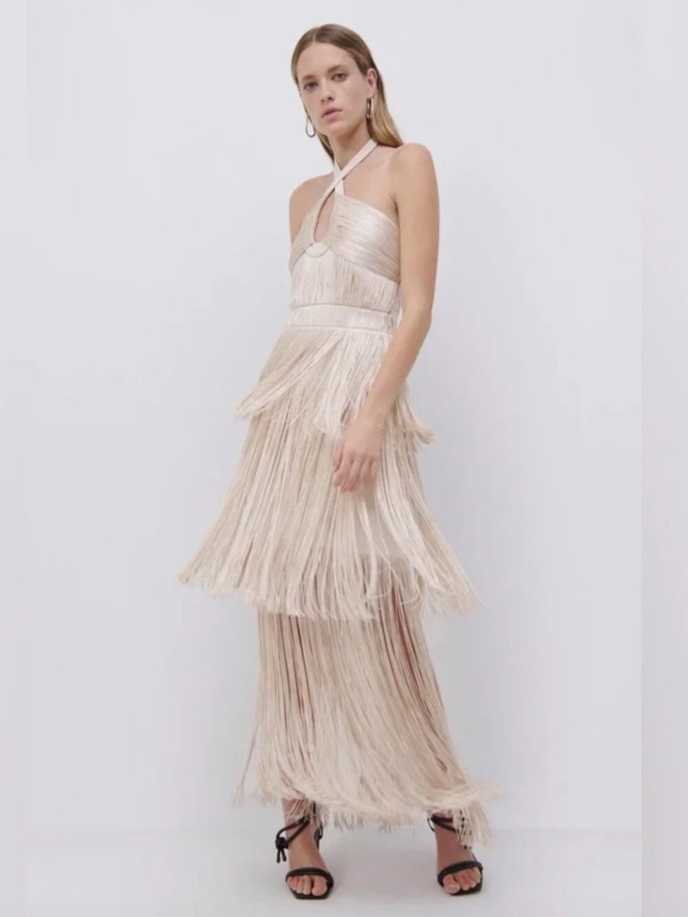 Baldwin Draped Fringe Halter Dress in Champagne size 2